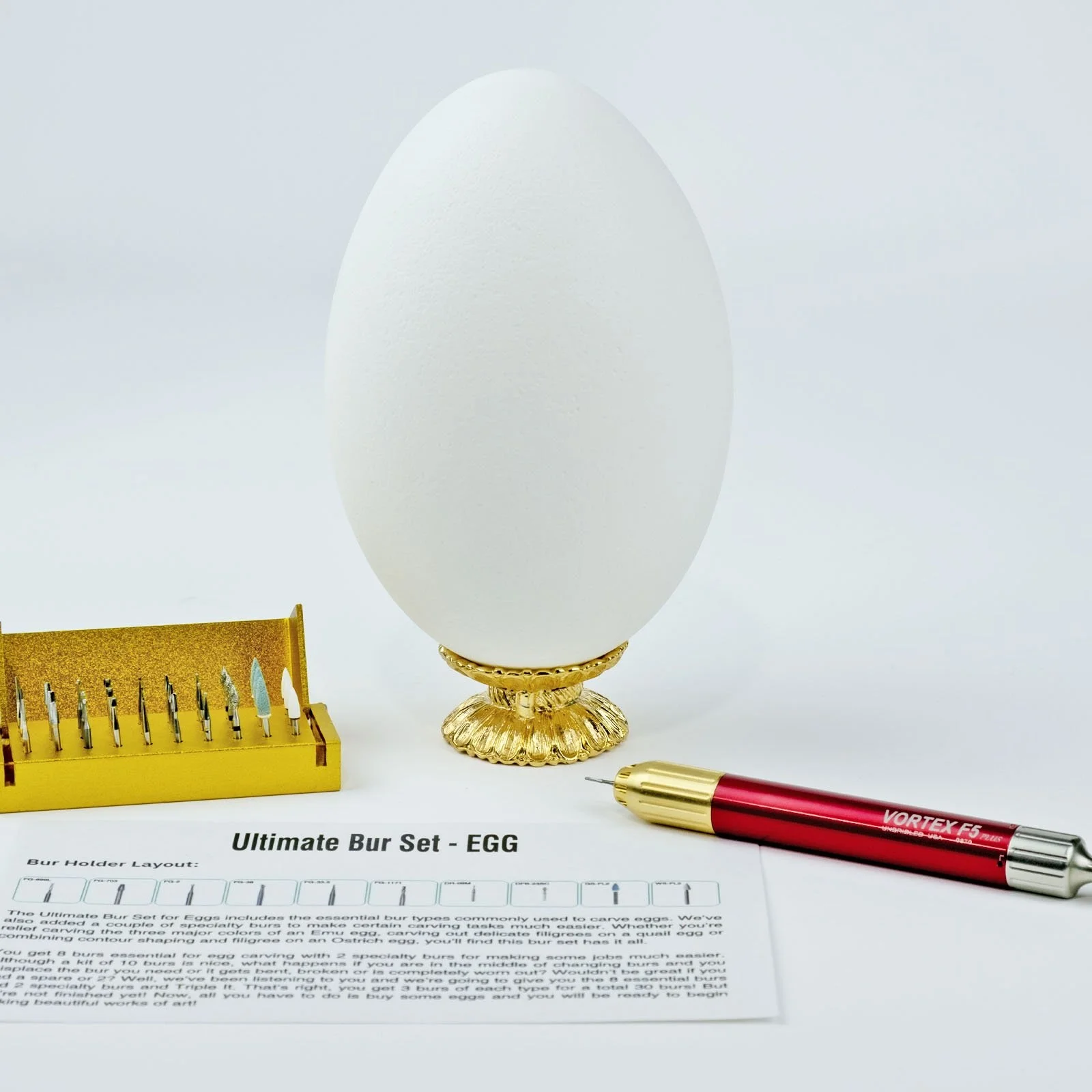 Amazing Emu Egg For Egg Carvers 1 Emu Egg with Vortex F5 carver and Ultimate bur set for egg